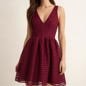 RED by Saks Fifth Avenue Mesh Fit n Flare Burgundy Sleeveless Mini Dress Sz S